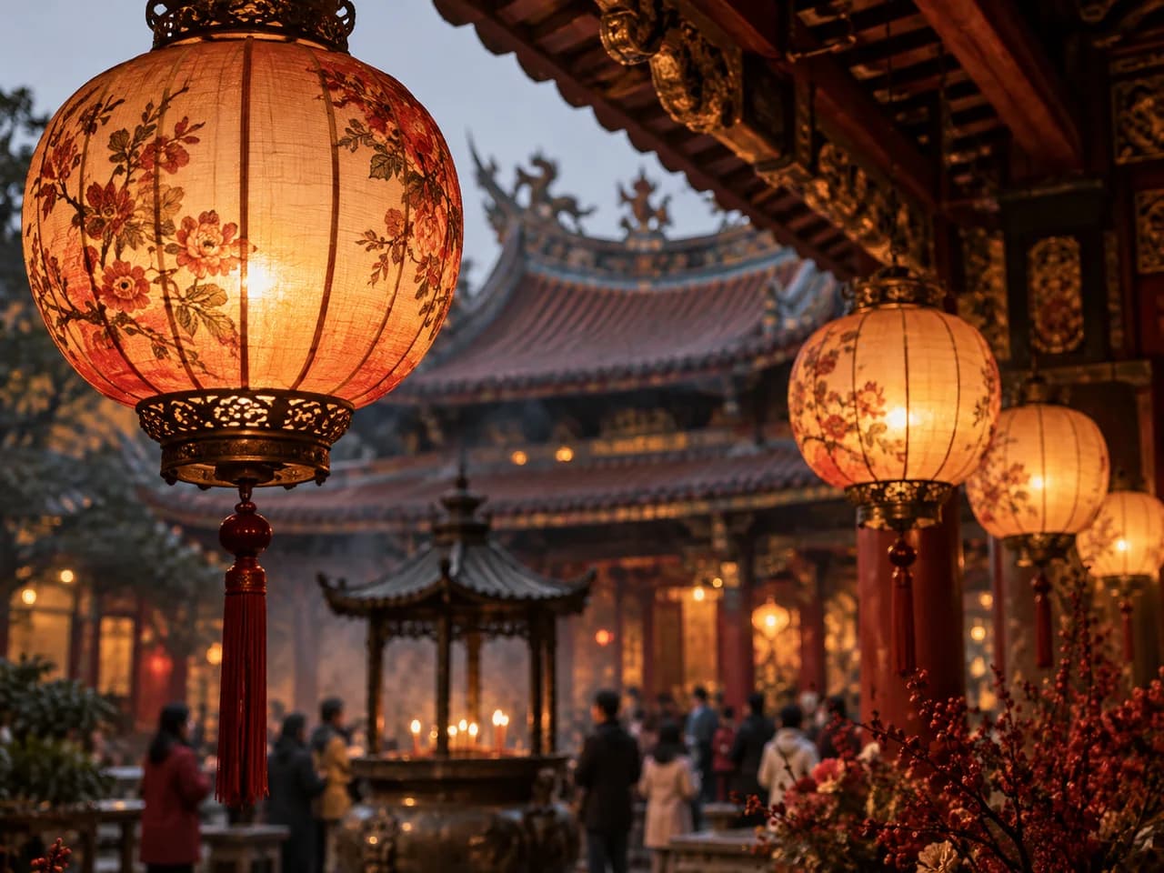廟宇簷下點亮的祈福燈籠
